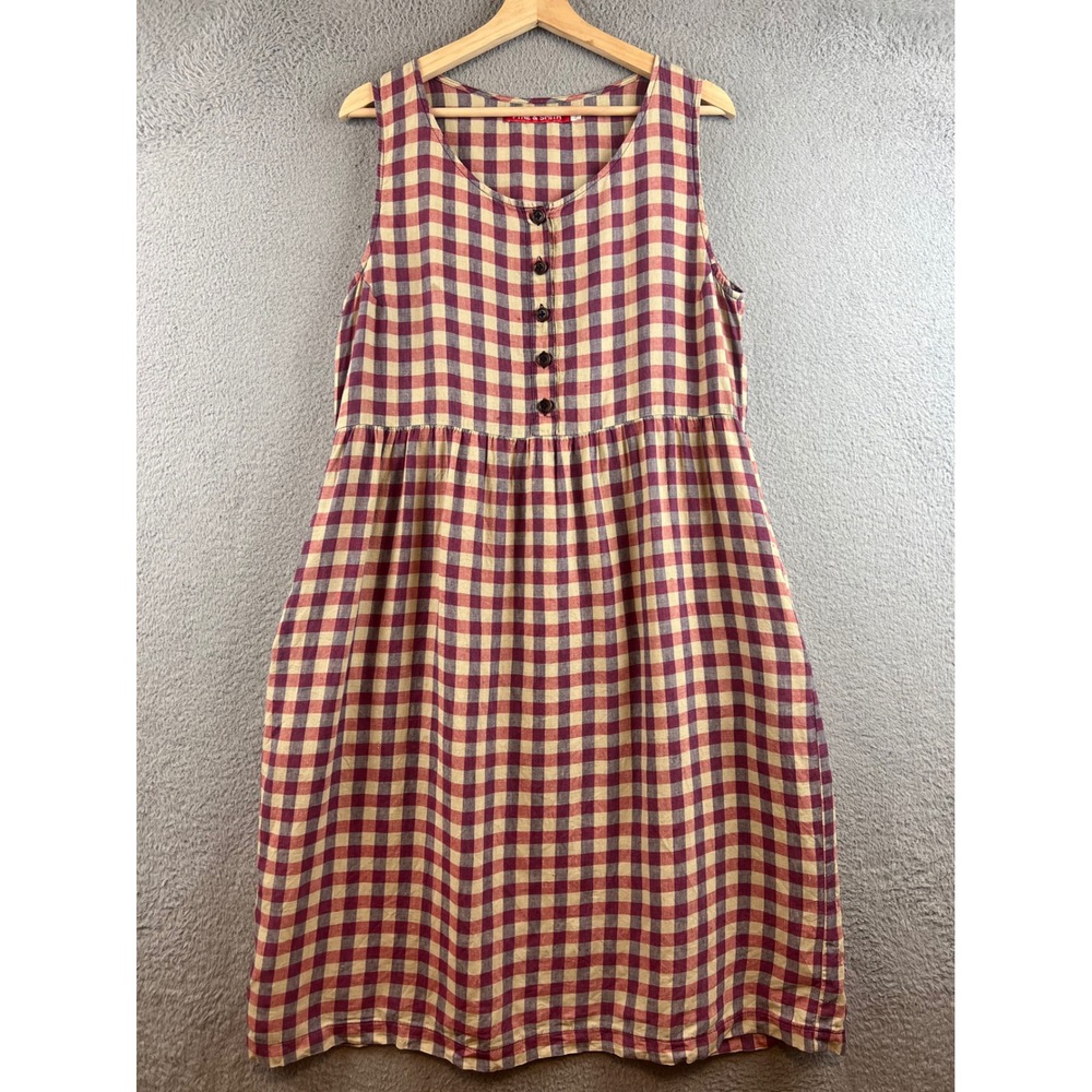 Pyne & Smith Linen Gingham Check Button Front Sleeveless Midi Dress Red Blue L